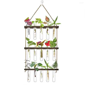 Vases Wall-mounted Hydroponic Test Tube Vase Retro Wooden Frame Glassware Hanging Planter Patio Garden Living Room Wall Decoration