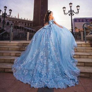 Sky Blue Shiny Quinceanera Dress с плечевого шарикового платья аппликации кружевные бисера Tull Mexico Sweet 16 Vestido 15 De XV Anos 2024 322