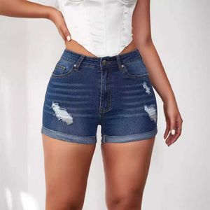 2024 Summer Perforated Womens Denim Shorts Elastic Curled