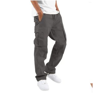 Mens Pants 2024 Casual Cargo Cotton Men Pocket Loose Straight Elastic Waist Trousers Brand Fit Joggers Male Super Large Size Drop Deli Otlbw