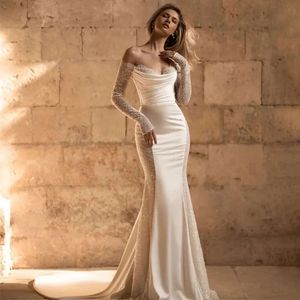 Newest Sequin And Satin Splice Mermaid Wedding Dresses Off The Shoulder Long Sleeve Draped Bridal Gowns Sweep Train Robe De Mariee