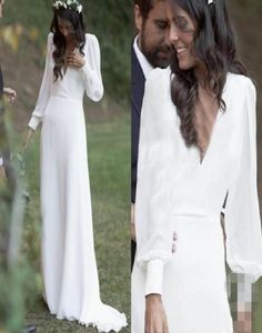 Summer White Chiffon A Line Beach Wedding Dresses 2020 med långa ärmar V Neck Backless Boho Garden Bridal Gowns4094994