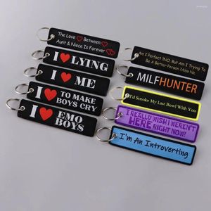 Keychains I Love Emo Boys broderi Key Fobs Citat Taggar Red Heart For Women Car Keyring Accessories Gift Ryggsäckhäng