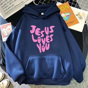 Women's Hoodies 2024 Jesus Loves Me Letter Stampe divertenti Donne Autunno calda felpa in pile All-Match All-Match Tasca