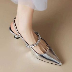 Sandals Summer Womens Silver Back Buckle Sandals Famele High Heels Rhinestone Mary Jane Shoes Womens Sling Temperature Gold Pump J240416