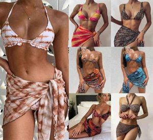 Sexig 3 -bitar Bikini Set med Cover Up Beach Dress Tie Dye Push Up Biquini Brasilianska badkläder kvinnor thong bikinis 2022 mujer95138631688210