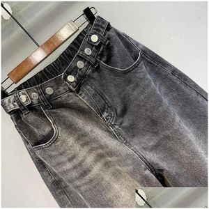 Pantaloni da donna Capris A alta vita Design fibbia regolabile design elastico jeans elastico autunno e inverno con tutta la match nera larga donna vestito dhcxe