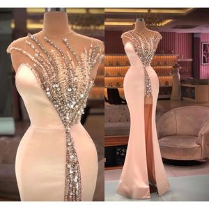 Stunning Pink Beadings Split Evening Dresses Mermaid Sheer Jewel Neck Appliques Sequins Long Satin Prom Gowns Women Party Ocn Vestidos Bc18353
