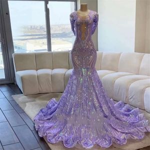 New Lilac Lace Prom Dresses For Black Girls Sparkly Sequin Sheer Neck Long Sleeve Mermaid Birthday Party Reception Gown