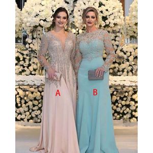 Luxurious Bead Crystal Sequins Mother Of The Bride Dresses Long Sleeves V Neck Pink Plus Size Formal Party Prom Gowns