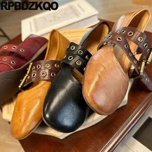 Casual Shoes Mori Square Toe Strap Mary Jane Soft Sole Comfort Real Leather Ballerina Flats Brown Belt Cowhide Ballet Women Buckle 34