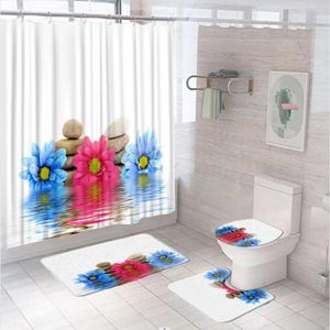 Shower Curtains Zen Stones Curtain Sets Rocks Daisy Flower Reflection Bath Screen Bathroom Mat Non Slip U-Shaped Rug Carpet Toilet Cover