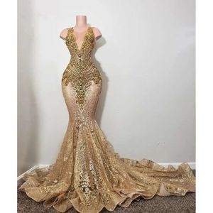 Sparkly Gold Diamonds Long evening Dresses Sparkly Beads Rhinestone Crystal Sequins Birthday Party Gown prom Reception Robe 0301