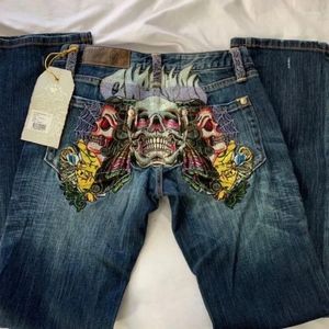 Jeans masculinos Padrão de crânio gótico Impressão Hip Hop High High Men Y2K Moda Estética Versátil Legal Linha larga calça folgada