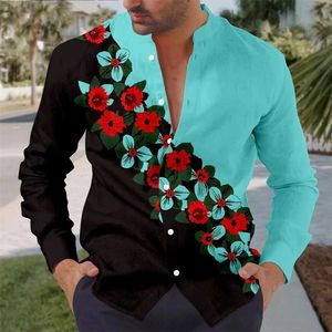 メンズカジュアルシャツメンズプリントシャツ夏の花3Dプリンティング長袖スタンドアップカラーバケーション高品質のメンズ衣類24416