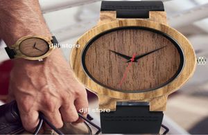 Natural Wood Watch for Men Mens Blue äkta läderkvarts träfodral manlig armbandsur äkta trähandledsklockor brun mode cloc1731785