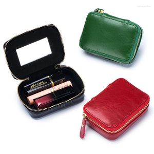 Bolsas de cosméticos batom de couro genuíno feminino saco quadrado com espelho maquiagem fofa para a caixa de jóias feminina mini armazenamento de moedas