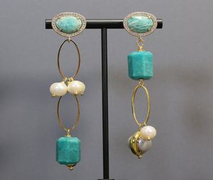 Natural Green Peruvian Amazonite Faceted Tube White Pearl Dangle CZ Pave Stud Earrings For Women Classic Gifts9494891