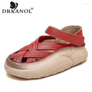 Sapatos casuais drkanol moda verão hollow women robusta tênis de plataforma cruzada cruzamento de couro genuíno