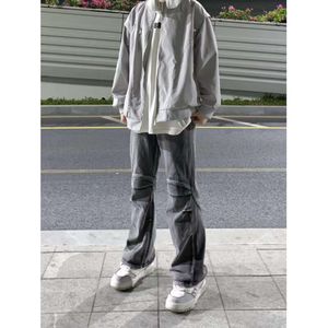 American High Street Fashion Jeans, Men's Yellow Mud Worn Washed Workwear, Straight Zipper Split Pants KZH20-P55