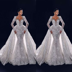 Mermaid Wedding Crystal Dresses Diamond Bridal Gowns Detachable Illusion Long Sleeve Beaded V Neck Sweep Train Robe