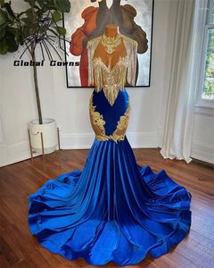 Party Dresses Royal Blue High Neck Long Prom Dress for Black Girls 2024 Applicies Födelsedag Tassel Kvällsklänningar sjöjungfruskrok DE