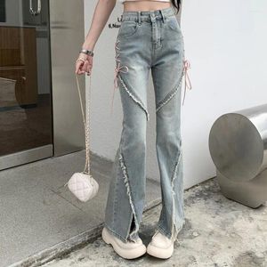 Women's Jeans 2024 Y2K Spring And Autumn Split Micro Horn Lace High Waist Spicy Girl Slim Straight Sleeve Design Pants