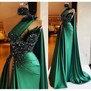 Sexy Hunter Green Satin Meerjungfrau Prom Party Kleider ein Schulter hoher Nacken Perlen Feder Plus Size Formal Evening Event