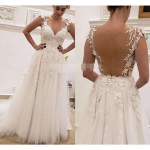 Modest A Line Dresses Sexy Illusion Back Lace Applique Beaded Tulle Custom Made Country Wedding Bridal Gown Plus Size 403 Pplique Pplique