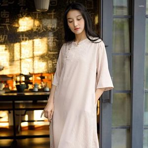 Casual Dresses Johnature Women Chinese Style Stand Solid Color Seven Sleeve Cheongsam 2024 Button Vintage Soft A-Line