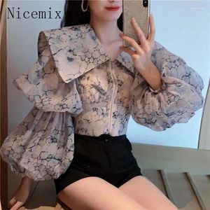 Women's Blouses Spring Large Flip Collar Zipper Lantern Sleeve Printed Shirts Women Tops Fashion Navy Slim Fit Clothing