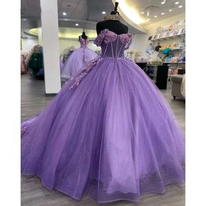 Lilac Illusion Pearls perline abito da ballo Quinceanera si veste dalla spalla Fiori 3D Appliques Corset Vestidos de 15 Anos 2024 322