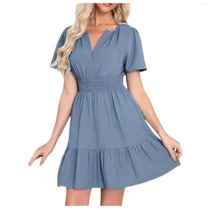 Sıradan elbiseler yaz plajı kısa kollu v boyun ince bel flowy boho elbise kadınlar için akşam partisi sundress vestido