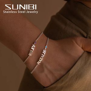 Sunibi DIY Birthstone Personlig bokstav Anpassat namnarmband för kvinnor Rostfritt stål smycken Present Support Drop 240416