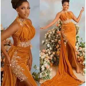 Arabic Aso Ebi Gold Sexy Velvet Prom Dresses Lace Beaded High Split Evening Formal Party Second Reception Gowns Plus Size BES121