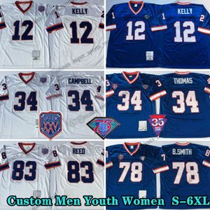 NCAA S-6XL 75th Vintage 34 Thurman Thomas Football Jerseys 12 Jim Kelly 78 Bruce Smith 32 O.J.シンプソン68ジョー・デラミエルルーレ83アンドレ・リード66ビリー・ショー70トム・セスタック・タリー