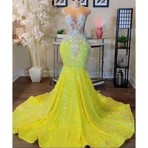 Paljett Shinning Yellow Mermaid Prom Dresses Jewel Neck Lace Applicques Plus Size Födelsedagsfestklänningar för afrikanska flickor BC