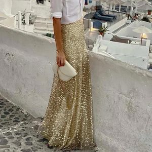 Kadınlar İçin Etekler Bayanlar Elastik Bel Altın Pullu Glitter Zarif İnce Fit Tatil Partisi Düğün Maksi Uzunluk