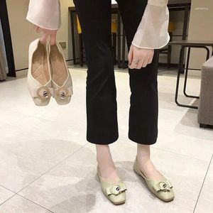 Casual Shoes Circle Buckle Women Metal Chain Flat Woman Slip On Shallow Square Toe Solid Leather Flats Zapatos De Mujer