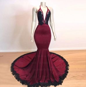 Bourgogne Mermaid Prom Dresses Deep V Neck Illusion Bodice Appliciques Satin Black Sexy Backless Evening Dresses Party Dresses3254868