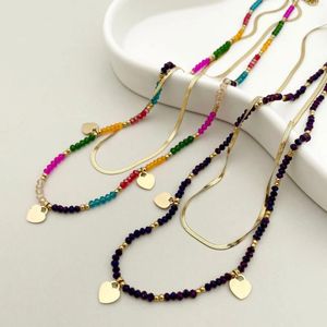 Pendant Necklaces Bohemian Heart Shaped Colorful Handmade Beaded 14K Gold Titanium Steel Double Layer Blade Necklace