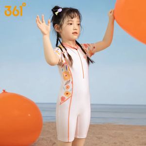 361°Girl One Piece Front Zipper UPF 50WaterProof Beach Surfing Rash Guard Kids Short Sleeve Professional Bathing SwimSuit 240416