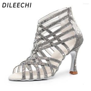 حذاء الرقص Dileechi Latin Brown Flash Square Salsa Ballsa Dancing High Cuba Heel 9cm Soft Extole Boots Arrival