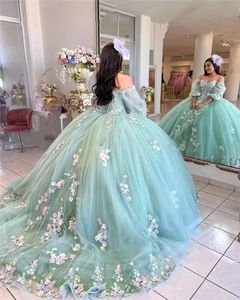 Мексика Зеленая возлюбленная Quinceanera платья аппликация с бисером для шарикового платья с рукавом vestidos de 15 Sweet 16 День рождения 322