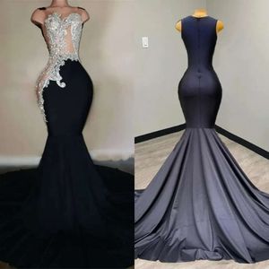 Vintage Sexy Black Mermaid Formal Prom Dresses Arabic Aso Ebi Silver Crystals Lace Appliqued Vintage Formal Gowns Court Train Women Second Reception Evening Dress