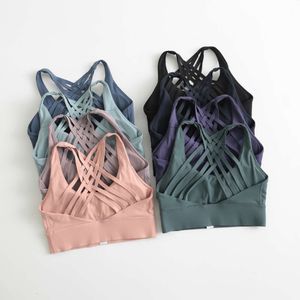 Justera till gratis Lu Light Support Be Longline Bra Wild Sweat-Wicking Four-Way Stretch Strappy Back Sports Bras med avtagbara Cups S Lemon Gym