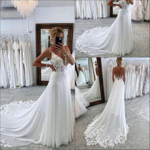 A Gorgeous Lace Line Boho Wedding Dresses Sexy New Spaghetti Straps Chiffon Applique Beach Long Bridal Gowns Open Back Robes De Mariage Bc16263 0229 Pplique