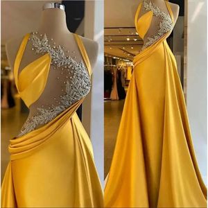 Altın resmi denizkızı balo elbiseleri aşırı etek kristalleri ile boncuklu illüzyon üst saten özel yapımı dantelli akşam parti elbiseleri vestidos resmi fırsatlar artı boyutu
