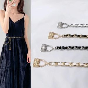 Belts Black Chain Belt For Women Genuine Leather Metal Waistband Female Fashion Thin Waist Luxury Dress Decoration