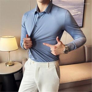 Men's Casual Shirts Men Prom Dress High Elastic Camisa Business Turn-Down Collar Long Sleeve Blouses Male Solid Color Clothing